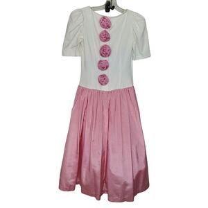 Vintage Misty Lane Drop Waist Full Skirt Dress Puff Sleeves Rosettes USA Sze 3/4